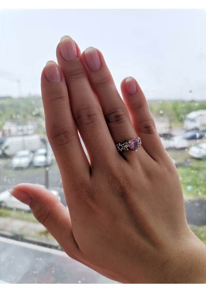 Gümüş Kaplama Kelebek Pembe Taşlı Ayarlanabilir Kalp Yüzük modelleri