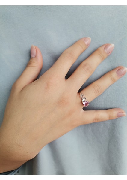 Gümüş Kaplama Kelebek Pembe Taşlı Ayarlanabilir Kalp Yüzük fırsatları