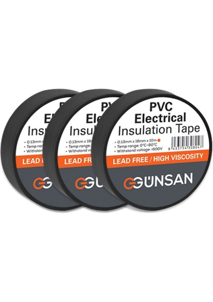 Günsan Elektrik Bant 3 Adet Günsan Elektrik Siyah Izole Bant 0.13X18MMX10M