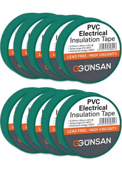 Günsan Elektrik Izole Bant 10 Adet Günsan Elektrik Yeşil Izole Bant 0.13X18MMX10M