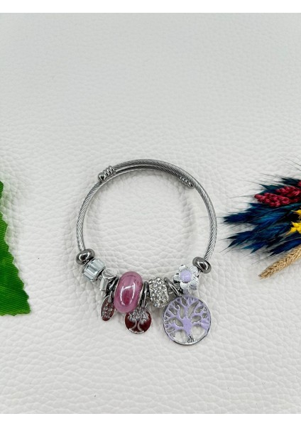 Kadın Charm Lila Renk Kristal Taşlı Hayat Ağacı Çelik Bileklik