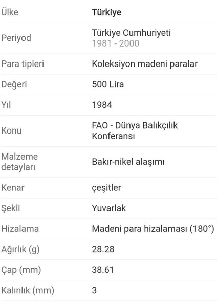 1984 Yılı Fao Hatıra 500 Lira Çil *nadir*