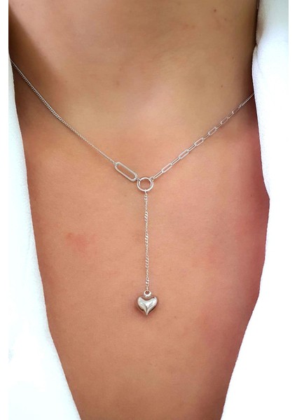 Italyan Tasarımı 925AYAR Gümüş Bombeli Kalp Y Kolye