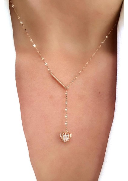 Italyan 925AYAR Gümüş Üzerine Rose Altın Kaplama Kalp Içinde Swarovski Taşlı Ayarlanabilir Y Kolye