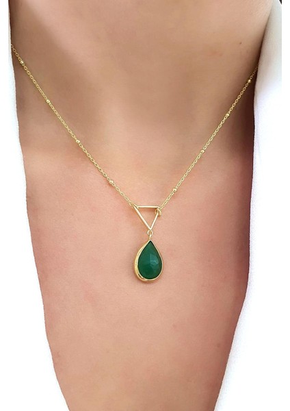 Kök Zümrüt Taşlı 925AYAR Gümüş Üzerine Altın Kaplama Tasarım Doğal Taş Kolye