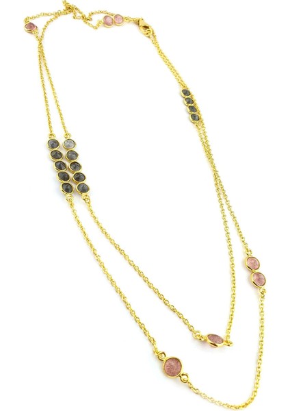 Pembe kuvars ve Labrodorite Taşlı 925ayar Gümüş Üzerine Altın Kaplama Tasarım Doğal Taş Uzun Zincir Kolye