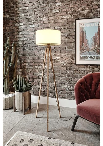 Modern Lambader Kumaş Abajur Ahşap Ayak Krem Kahve LY509