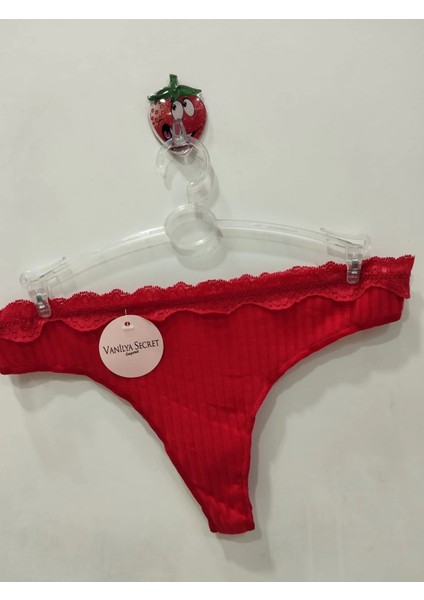 Dantel Bel Detaylı Fitilli Tanga Külot - Kırmızı