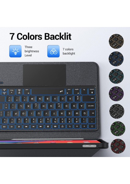 Apple iPad 10. Nesil 10.9 (2022) Rgb LED Işıklı Manyetik Bluetooth ve Touchpad Özellikli Kalemlikli Klavyeli Kılıf A2696 A2757 A2777 A3162