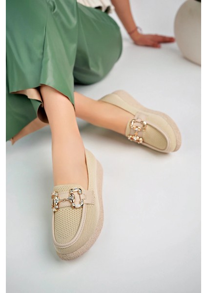 (Shoes) Anatomik Tasarım Taşlı Toka Dokuma Oxford Kadın Ayakkabı Bej
