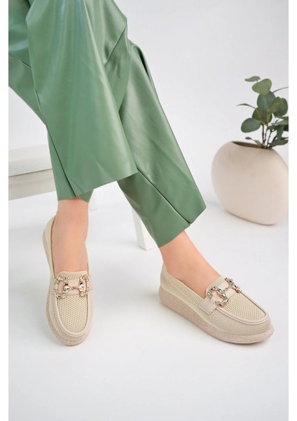 (Shoes) Anatomik Tasarım Taşlı Toka Dokuma Oxford Kadın Ayakkabı Bej modelleri