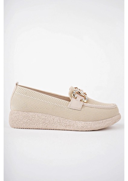 (Shoes) Anatomik Tasarım Taşlı Toka Dokuma Oxford Kadın Ayakkabı Bej fırsatları