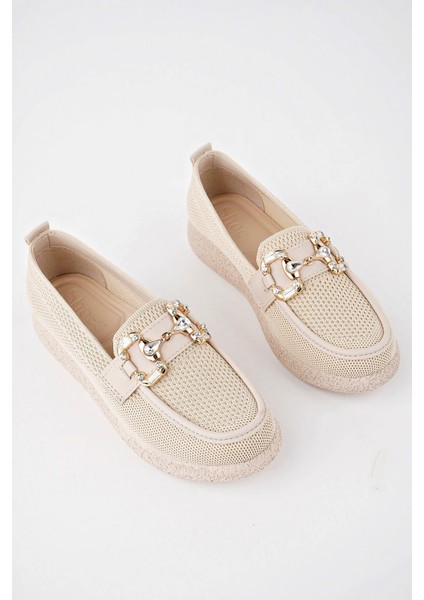 (Shoes) Anatomik Tasarım Taşlı Toka Dokuma Oxford Kadın Ayakkabı Bej indirimleri