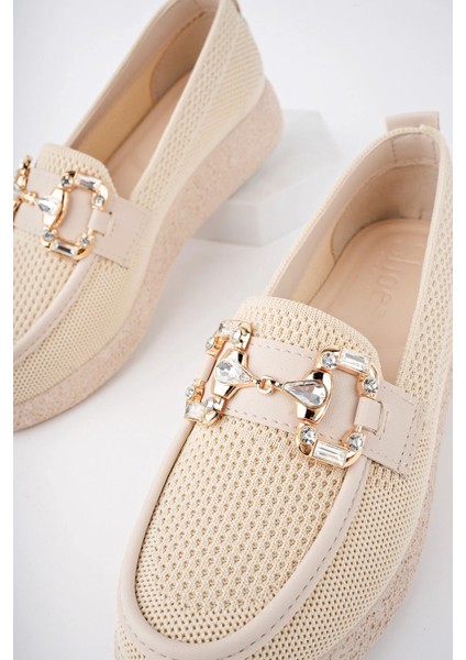 (Shoes) Anatomik Tasarım Taşlı Toka Dokuma Oxford Kadın Ayakkabı Bej fiyatları