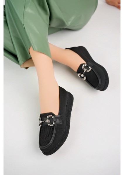 (Shoes) Anatomik Tasarım Taşlı Toka Dokuma Oxford Kadın Ayakkabı Siyah