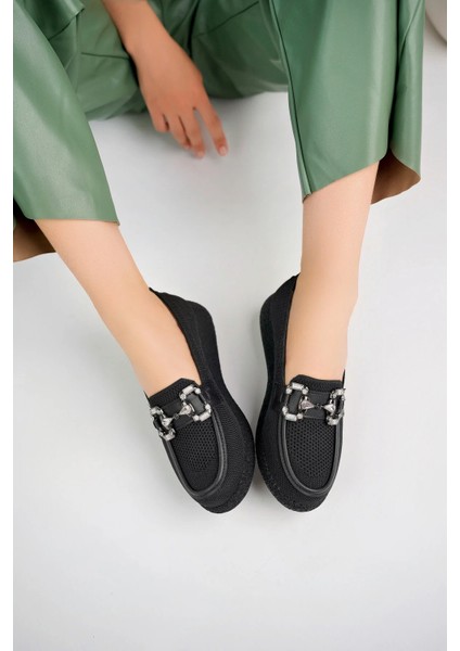 (Shoes) Anatomik Tasarım Taşlı Toka Dokuma Oxford Kadın Ayakkabı Siyah modelleri
