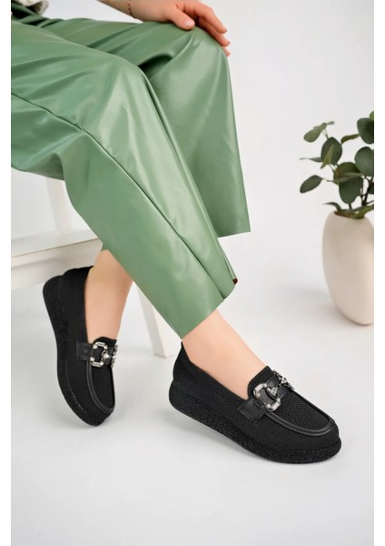(Shoes) Anatomik Tasarım Taşlı Toka Dokuma Oxford Kadın Ayakkabı Siyah fırsatları