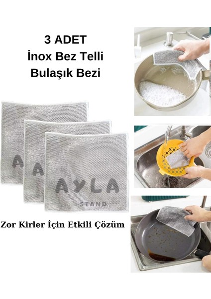 Ayla Stand 3 Adet Inox Bez Telli Bulaşık Bezi, Zor Kir Bezi, Mutfak Banyo Bezi