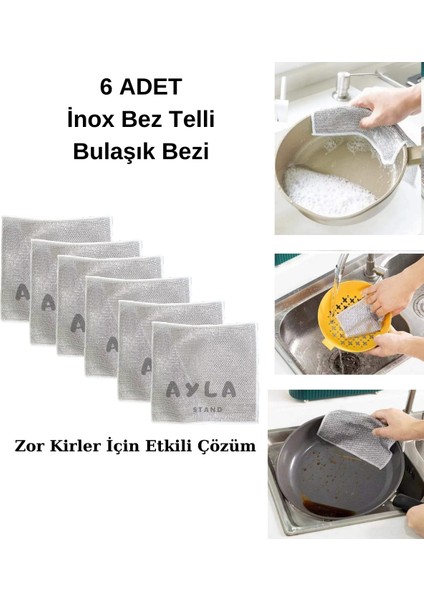 Ayla Stand 6 Adet Inox Bez Telli Bulaşık Bezi, Zor Kir Bezi, Mutfak Banyo Bezi