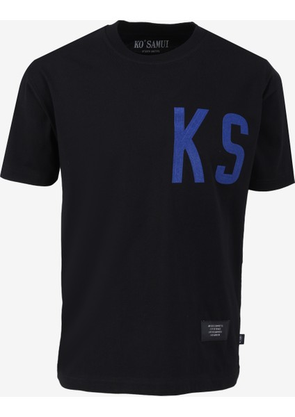 Bisiklet Yaka Baskılı Siyah Erkek T-Shirt Kmtp S202 Ks_commıttee Over Fıt Rıb