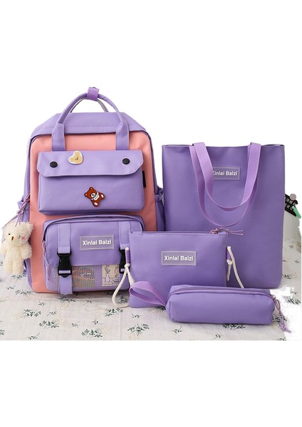 Kanvas Dört Parçalı Sırt Çantası Kolej Tarzı Küçük Taze Okul Çantası Büyük Kapasiteli Çok Amaçlı Sırt Çantası (Yurt Dışından)