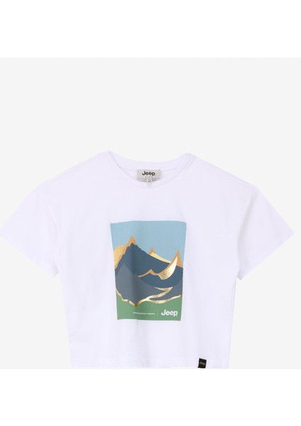 Ekru Kız Çocuk Bisiklet Yaka Crop Top Baskılı T-Shirt C4SG-TST4014