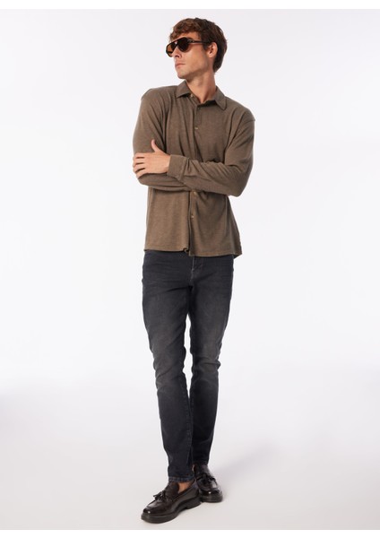 Loose Fit Gömlek Yaka Düz Haki Erkek Gömlek B33W22022