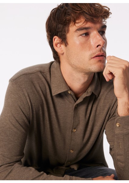 Loose Fit Gömlek Yaka Düz Haki Erkek Gömlek B33W22022