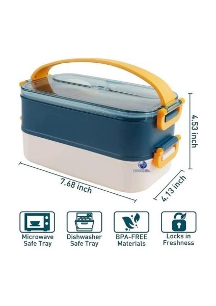 Çift Katman Paslanmaz Çelik Yemek Kutusu Sefer Tası Saklama Kabı Lacivert Krem VGN-462