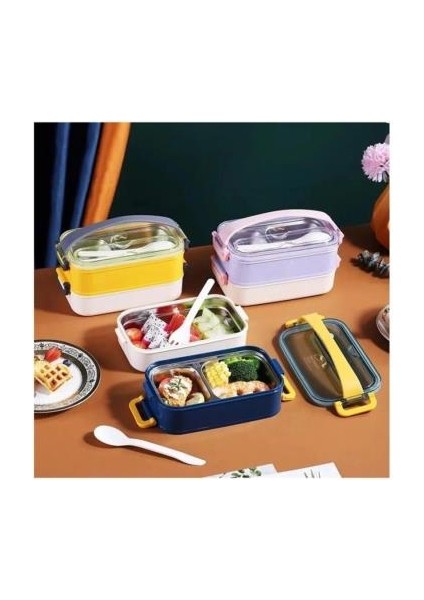 Çift Katman Paslanmaz Çelik Yemek Kutusu Sefer Tası Saklama Kabı Lacivert Krem VGN-462 fiyatları