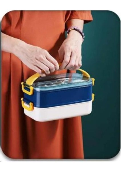 Çift Katman Paslanmaz Çelik Yemek Kutusu Sefer Tası Saklama Kabı Lacivert Krem VGN-462 modelleri