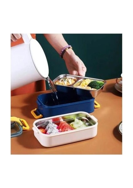 Çift Katman Paslanmaz Çelik Yemek Kutusu Sefer Tası Saklama Kabı Lacivert Krem VGN-462 fırsatları