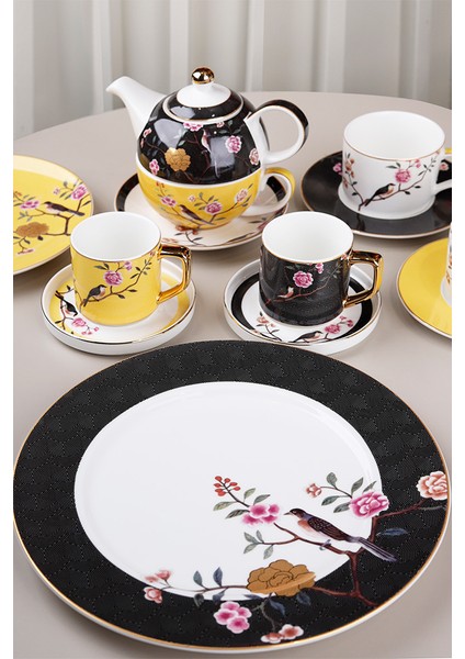 Lucile Siyah Sarı Kuş Desenli 6'lı Porselen Pasta Tabağı Seti 20 cm