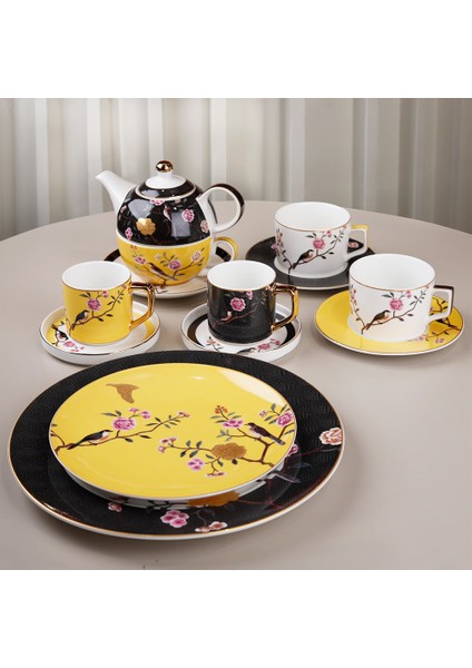 Lucile Siyah Sarı Kuş Desenli 6'lı Porselen Pasta Tabağı Seti 20 cm