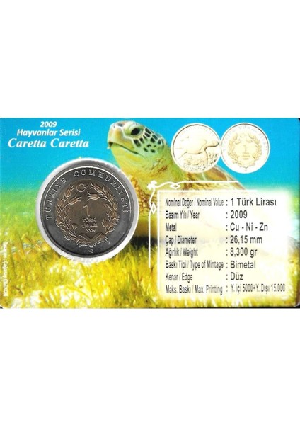 3ALP Koleksiyon, Caretta Caretta 1 Lira 2009, Darphane Hatıra Bimetal Para, Hayvanlar Serisi, Renkli Kapamasında, Çil modelleri