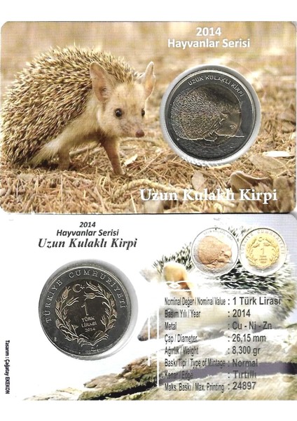 3ALP Koleksiyon, Uzun Kulaklı Kirpi 1 Lira 2014, Darphane Hatıra Bimetal Para, Hayvanlar Serisi, Renkli Kapamasında