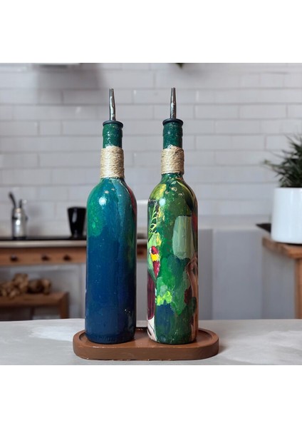 Özel Tasarım 750 ml Zeytinyağı Sıvıyağ Şişesi Yağdanlık Yağlık Sirkelik Sosluk 2'li Set, Dekor