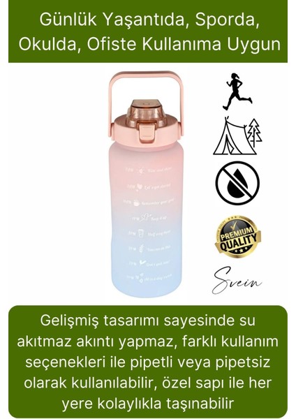 Premium 2 Lt Pipetli Kilitli Sızdırmaz Kapaklı Kamp Sağlıklı Motivasyon Suluk Matara Spor Su Şişesi