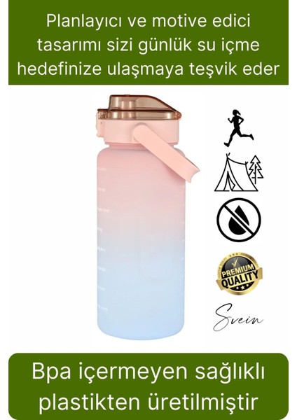 Premium 2 Lt Pipetli Kilitli Sızdırmaz Kapaklı Kamp Sağlıklı Motivasyon Suluk Matara Spor Su Şişesi