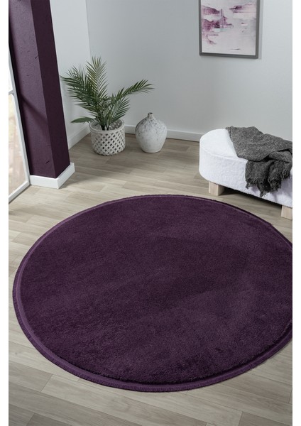 Puffy Lila Yuvarlak Düz Saçaklı Peluş Halı Yumuşacık Yıkanabilir Kaymaz Taban Salon Oturması Koridor