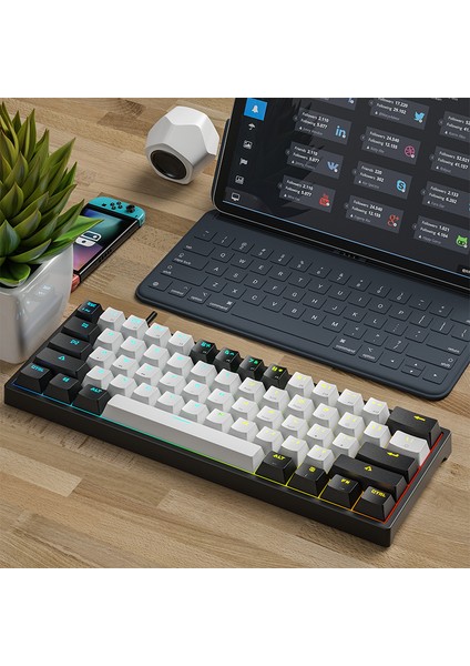 K620 Type-C Kablolu Kırmızı Switch Klavye LED Rgb 61 Tuşlu Rgb Mekanik Oyuncu Işıklı Klave Ergonomik Tasarım Bilgisayar Pc Için Siyah-Beyaz Renk Gaming Keyboard