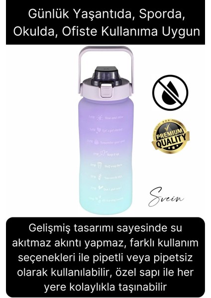 Premium 2 Lt Pipetli Kilitli Sızdırmaz Kapaklı Tutma Saplı Motivasyon Suluk Matara Sporcu Su Şişesi