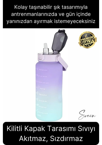 Premium 2 Lt Pipetli Kilitli Sızdırmaz Kapaklı Tutma Saplı Motivasyon Suluk Matara Sporcu Su Şişesi