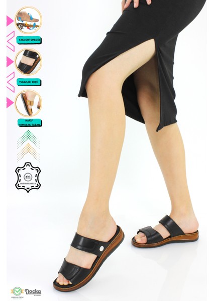 Kadın Deri Ortopedik Düz Taban Cırtlı Terlik M25/YS-GİTA