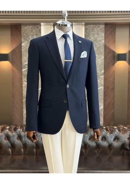 Klasik kesim mono yaka kaşe erkek ceket lacivert T11368
