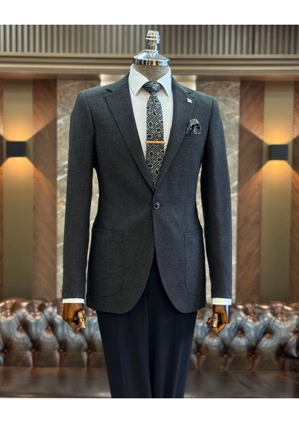 Italyan Stil Slim Fit Mono Yaka Torba Cep Erkek Ceket Antrasit T10345