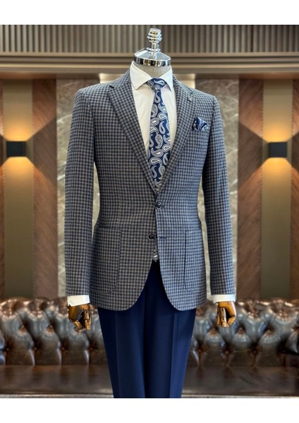 İtalyan stil slim fit mono yaka erkek ceket lacivert T10748