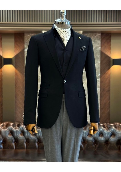 Italyan Stil Slim Fit 8 Drop Mono Yaka Erkek Ceket Siyah T10773