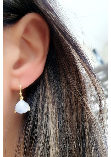 Ay Taşlı 925AYAR Gümüş Üzerine Altın Kaplama Tasarım Doğal Taş Küpe