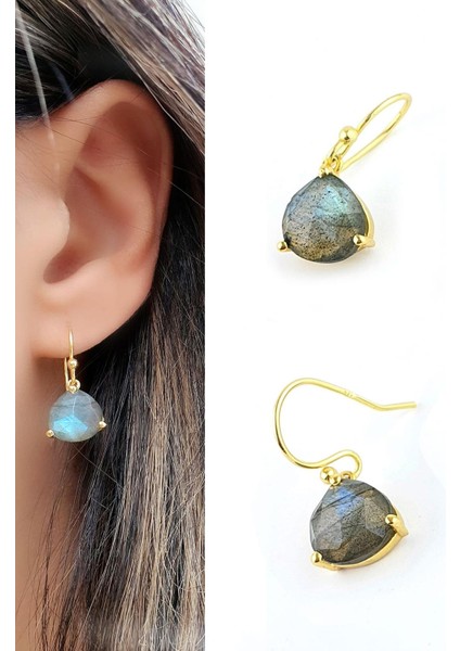 Labrodorite Taşlı 925AYAR Gümüş Üzerine Altın Kaplama Tasarım Doğal Taş Küpe